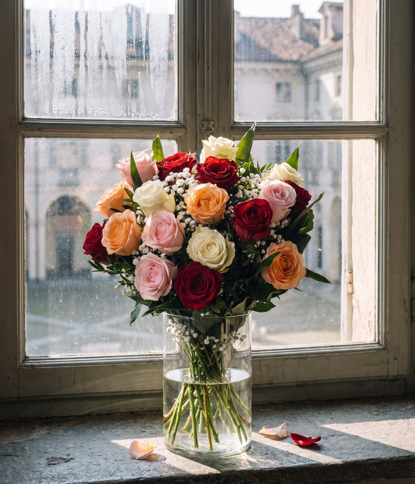 Bouquet di rose miste in un vaso di vetro vicino a una finestra, Emozioni Fiori Torino