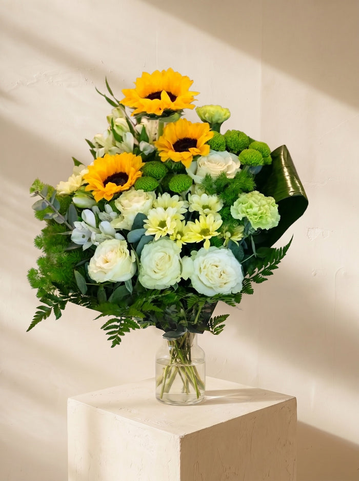 Loggia, girasoli e rose bianche nel vaso — Emozioni Fiori Torino