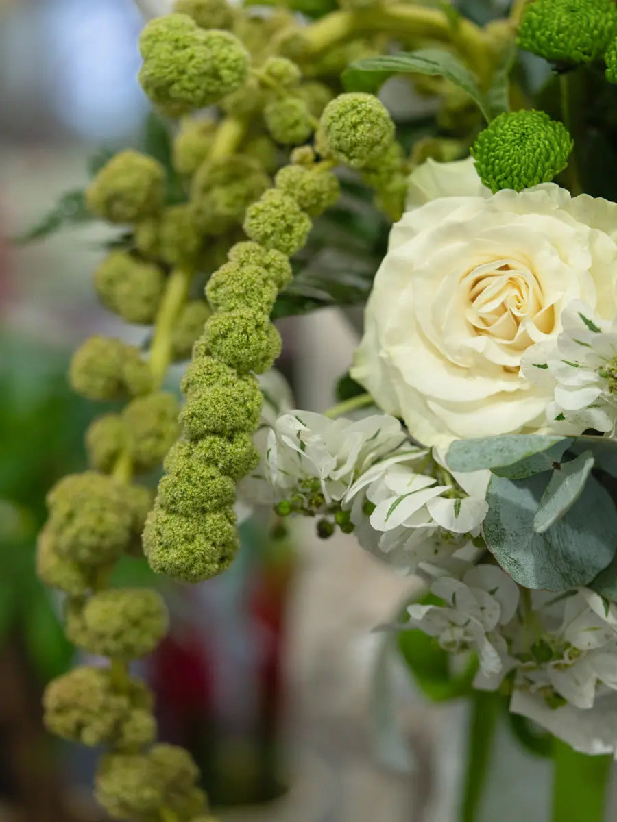 Bouquet Bianco e Verde con Rose e santini | Consegna a Torino Emozioni