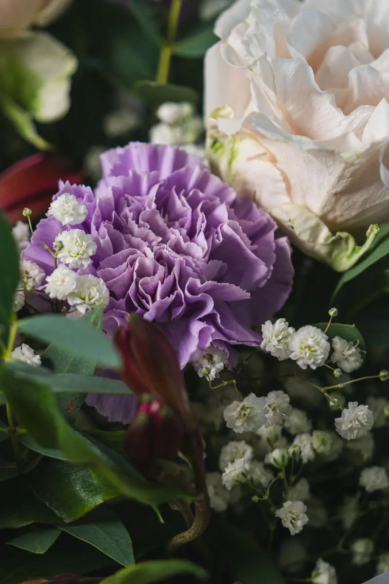 Bouquet con Rose Bianche, Garofani Lilla e Gypsophila | Consegna a Torino Emozioni