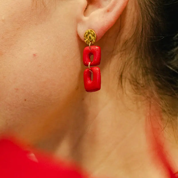 Orecchini artigianali in argilla – Verde acqua geometrico doppio Emozioni