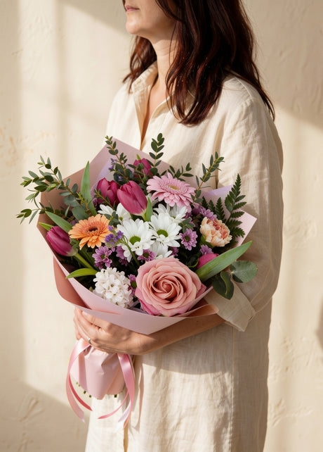 Antologia, bouquet di rose, gerbere e tulipani — consegna a Torino