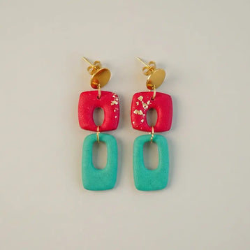 Orecchini artigianali bicolor – Rosso e verde acqua in argilla Emozioni
