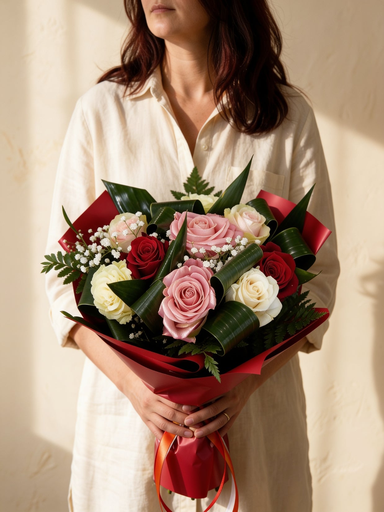 Verziere, bouquet di rose miste rosse, rosa e bianche — consegna a Torino