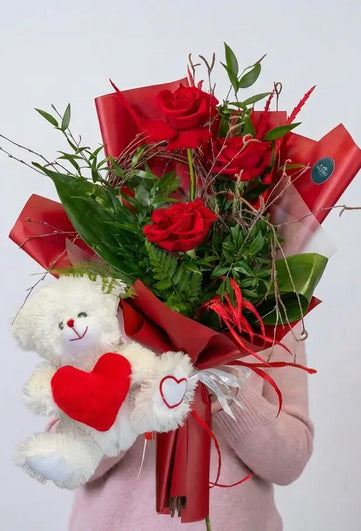 San Valentino: Bouquet di Rose Rosse e Orsacchiotto Morbido Emozioni