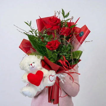 San Valentino: Bouquet di Rose Rosse e Orsacchiotto Morbido Emozioni