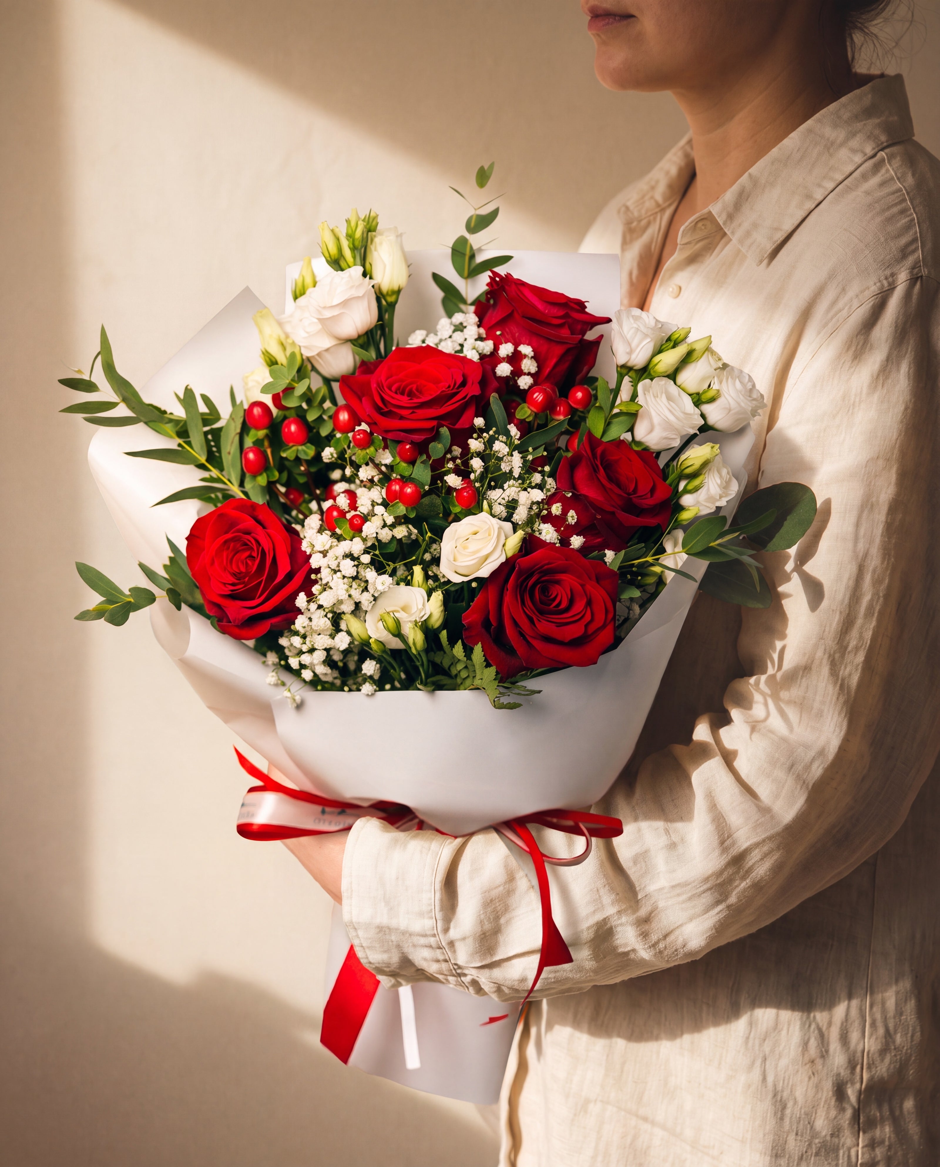 Esedra, bouquet con rose rosse e lisianthus bianchi — consegna a Torino