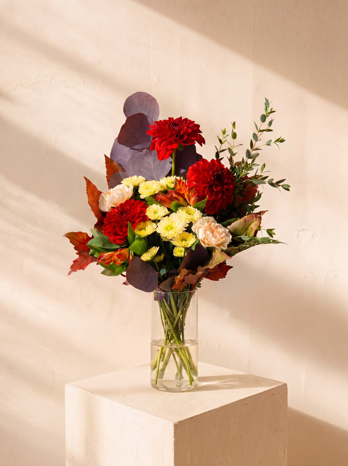 Frondaia, dalie rosse e rose crema nel vaso — Emozioni Fiori Torino