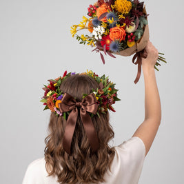 Set laurea Torino autunnale: corona fiorita e bouquet con rose arancio