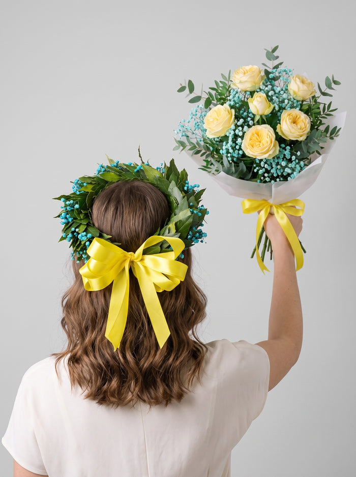 Set corona e bouquet di laurea con gypsophila turchese — Emozioni Torino