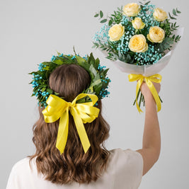 Set corona e bouquet di laurea con gypsophila turchese — Emozioni Torino