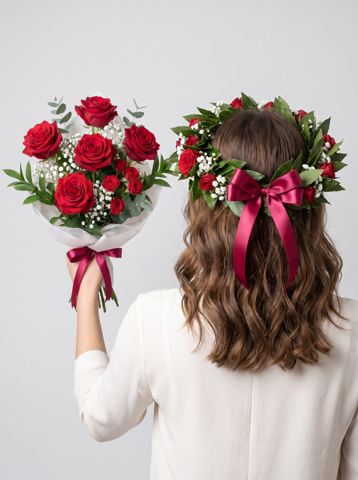 Set corona e bouquet di laurea con roselline rosse — Emozioni Torino