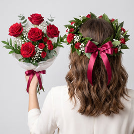 Set corona e bouquet di laurea con roselline rosse — Emozioni Torino