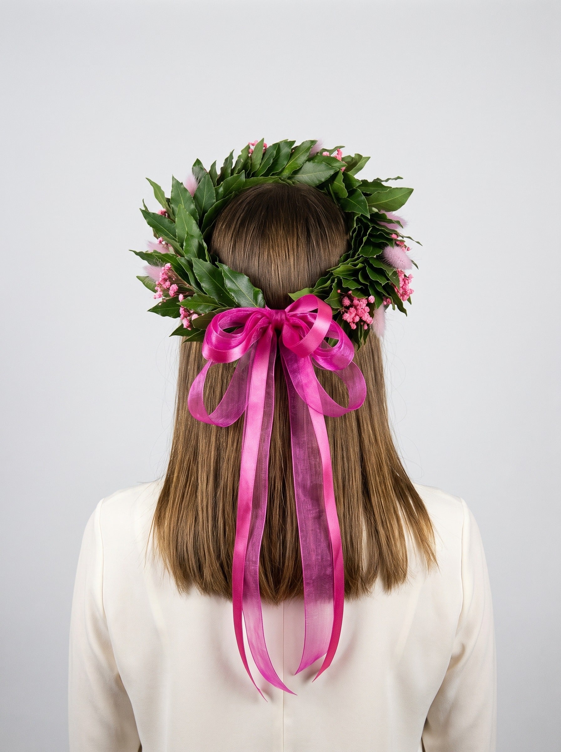 Corona di laurea Torino con gypsophila rosa, lagurus e fiocco fucsia