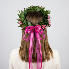 Corona di laurea Torino con gypsophila rosa, lagurus e fiocco fucsia