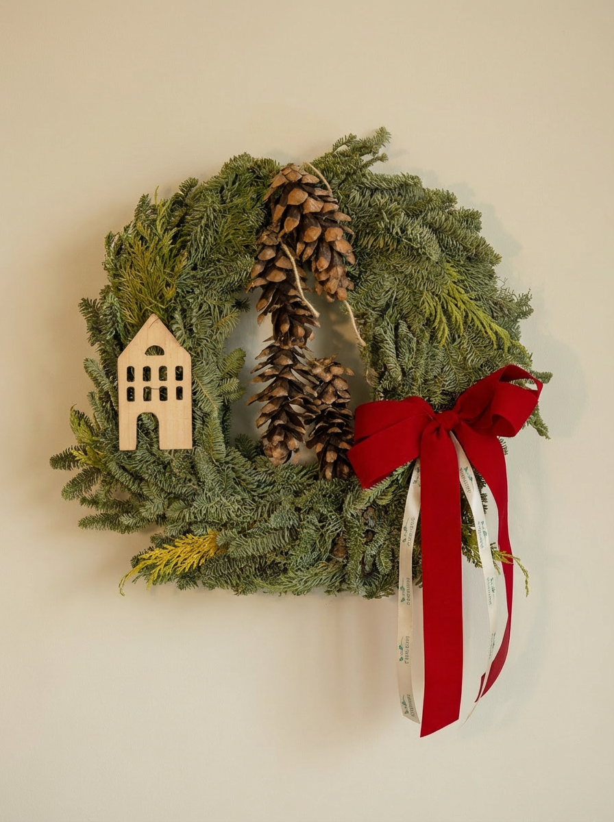 Ghirlanda Artigianale con Pigne e Casetta in Legno
