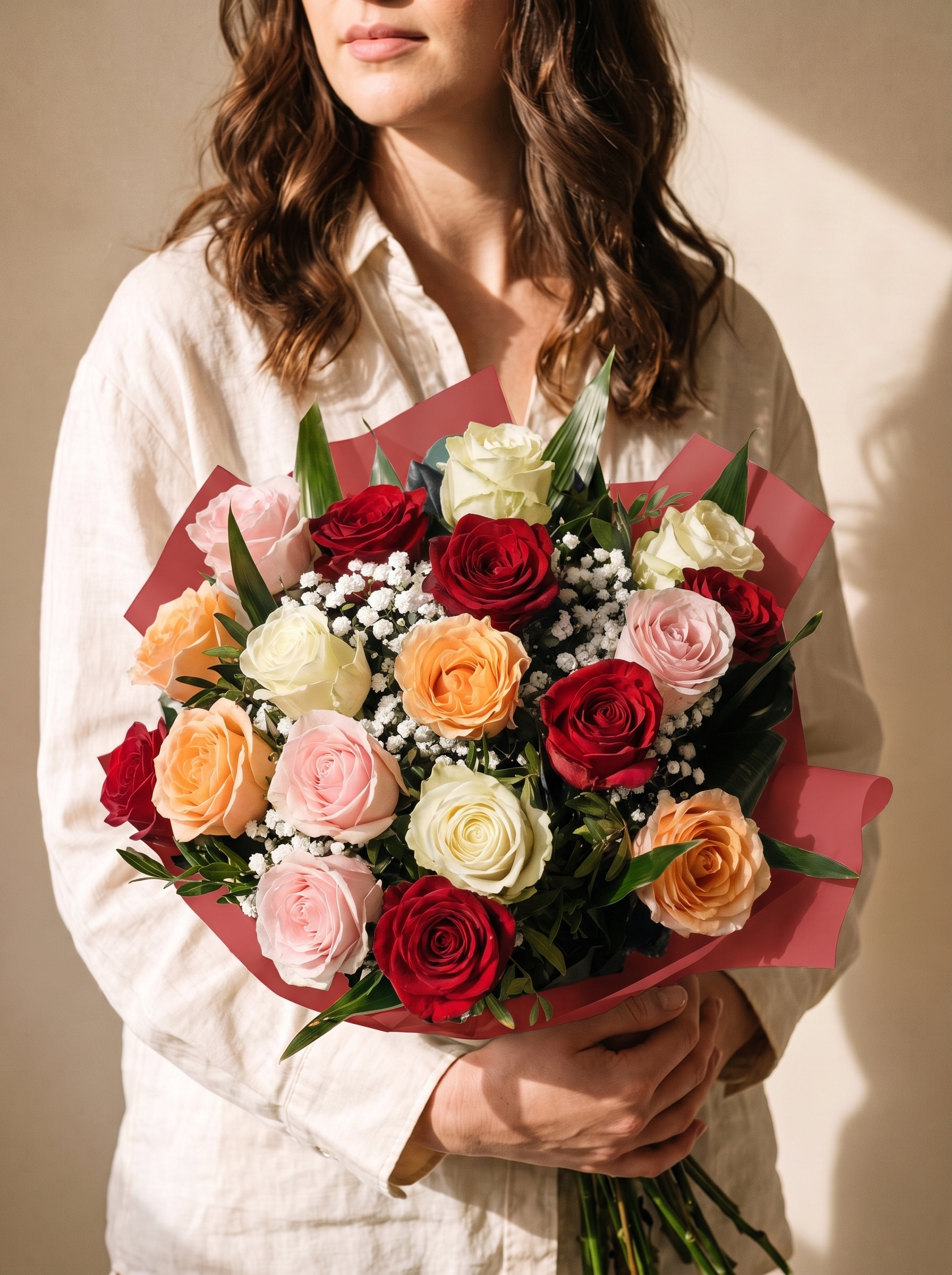 Aiuola, mazzo di 18 rose miste con gypsophila — Emozioni Fiori Torino