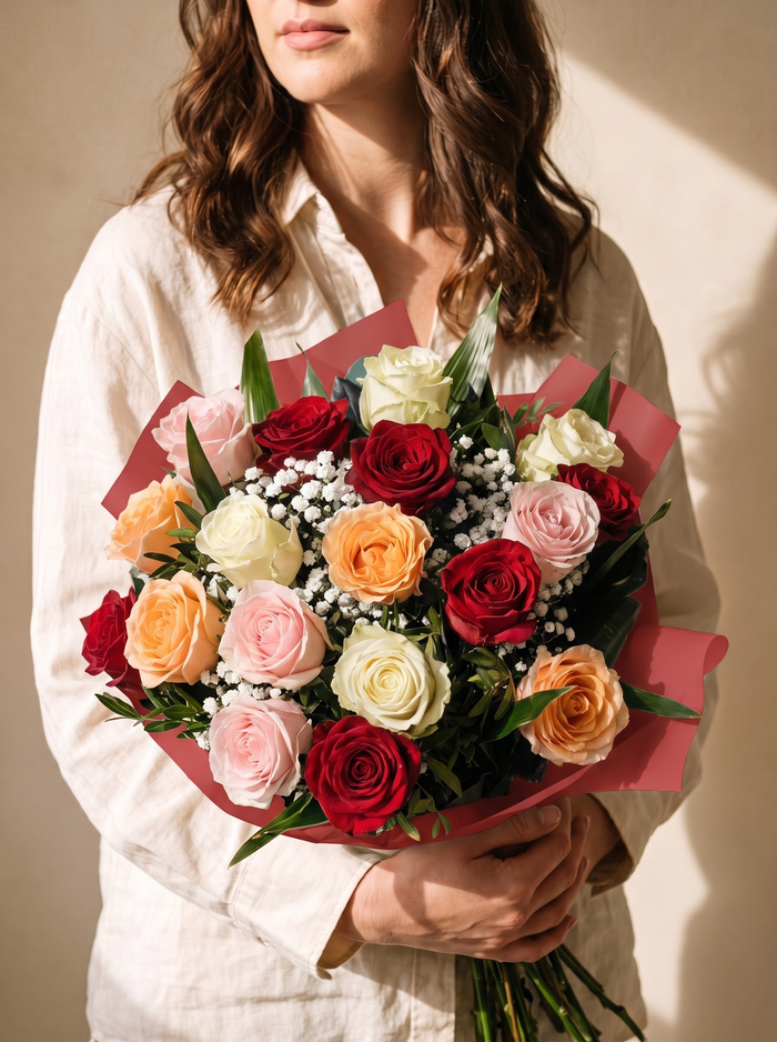 Aiuola, mazzo di 18 rose miste con gypsophila — Emozioni Fiori Torino