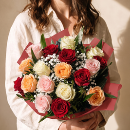 Aiuola, mazzo di 18 rose miste con gypsophila — Emozioni Fiori Torino
