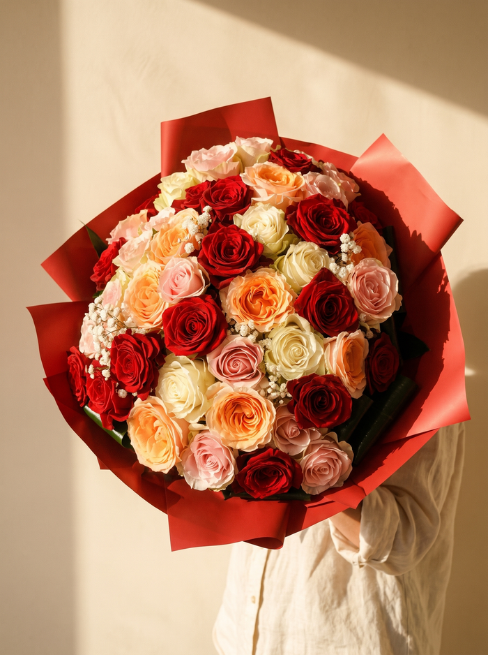 Mazzo di 50 rose miste con carta rossa — Emozioni Fiori Torino