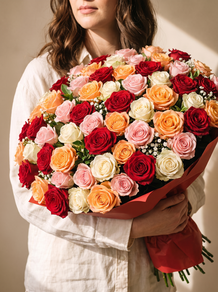 Mazzo di 100 rose miste, cupola con carta rossa — Emozioni Fiori Torino