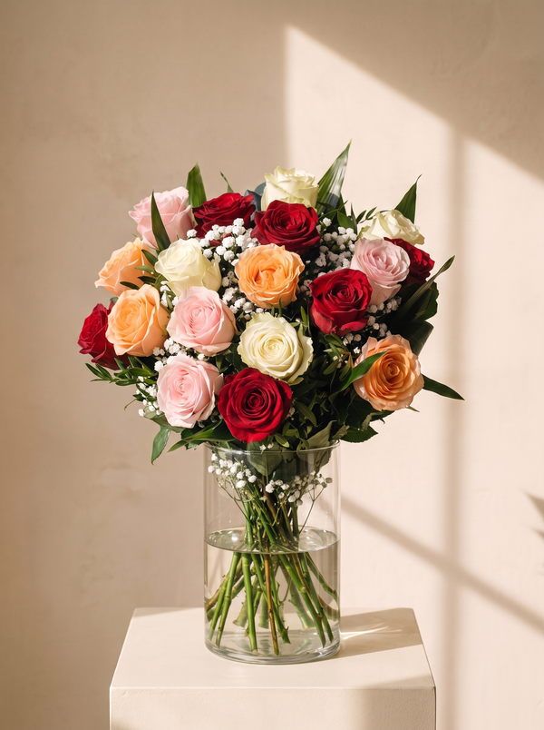 Aiuola, mazzo di rose miste con gypsophila in vaso di vetro — Emozioni Fiori Torino