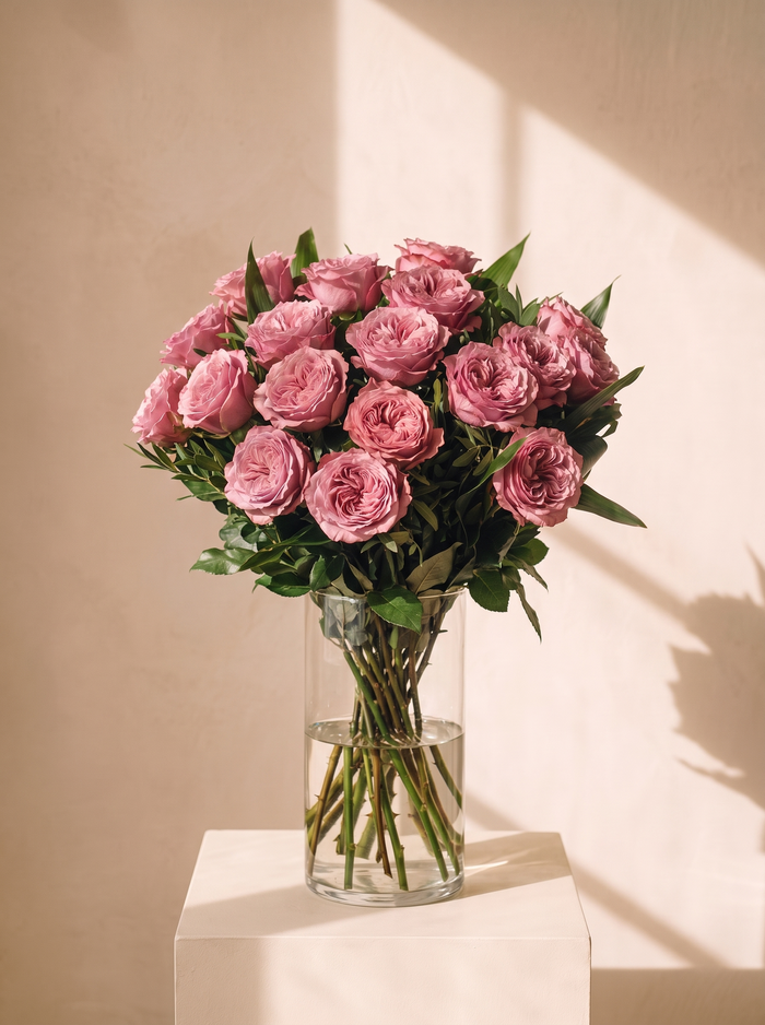 Bordura, rose garden rosa antico in vaso di vetro — Emozioni Fiori Torino
