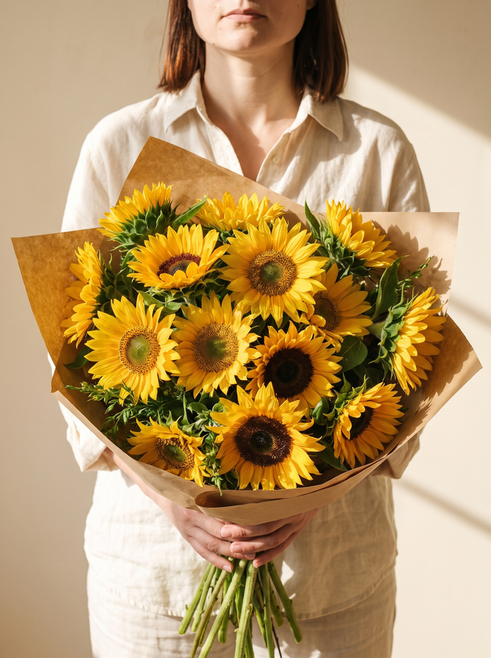 Mazzo di 25 girasoli con carta kraft — Emozioni Fiori Torino
