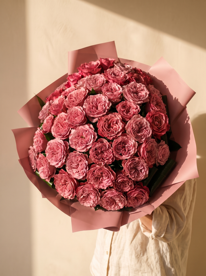 Mazzo di 50 rose garden rosa antico con carta cipria — Emozioni Fiori Torino